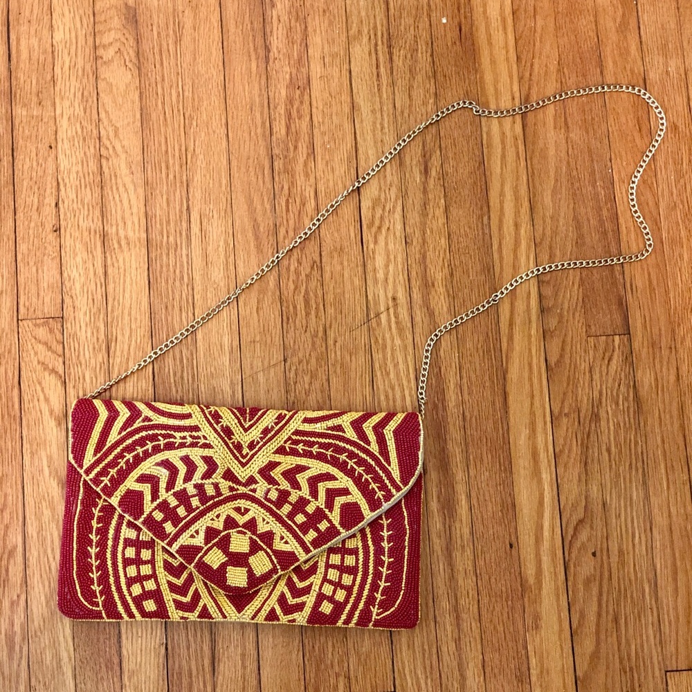 Red & Yellow Beaded Clutch with Gold Chain Strap